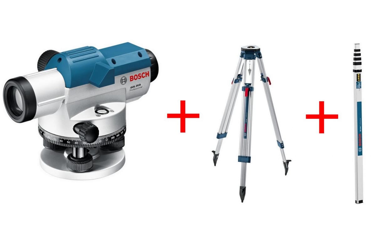 Комплект оптический нивелир Bosch GOL 20D штатив рейка - 3 в 1 Комплект оптический нивелир Bosch GOL 20D штатив рейка - 3 в 1